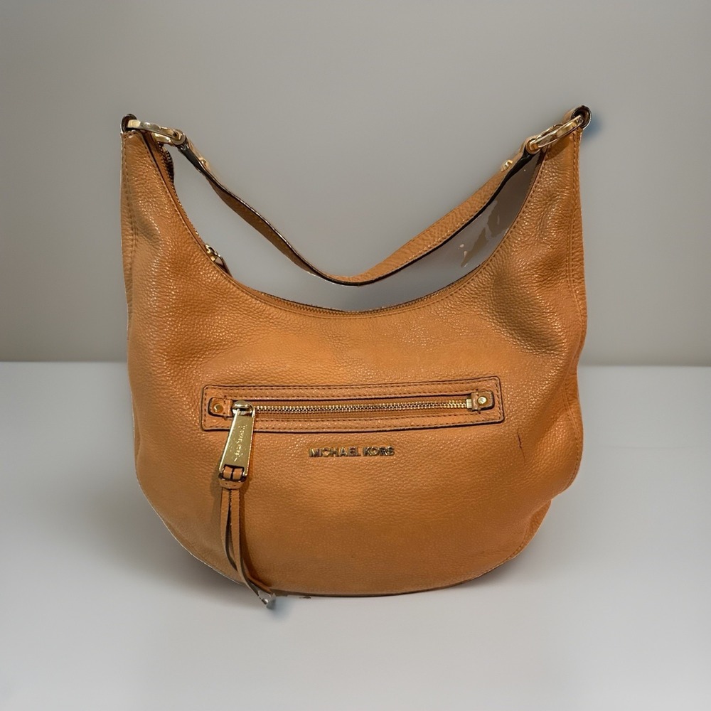 Michael Kors Brown Pebbled Leather Hobo Shoulder Bag Gold Tone Logo Front Zipper